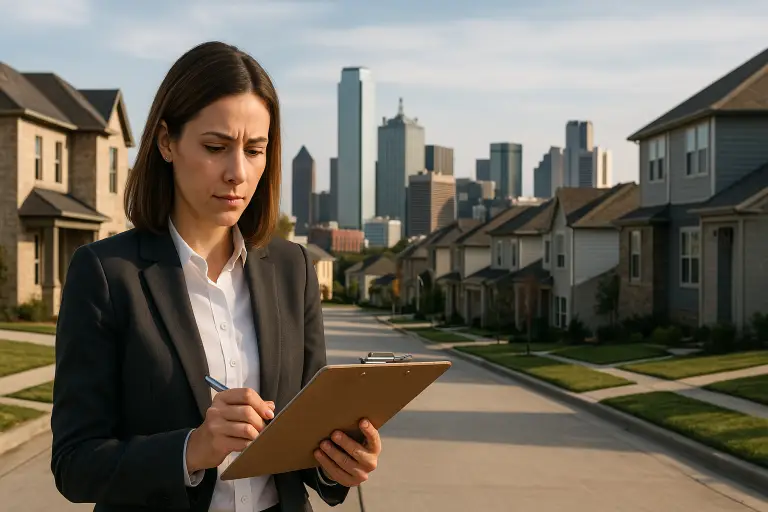 Vecindario de Dallas–Fort Worth con casas y el horizonte de la ciudad a lo lejos