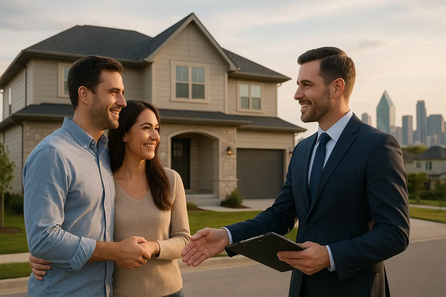 Casas de un vecindario y el horizonte de Dallas–Fort Worth que representan las tendencias del mercado inmobiliario local