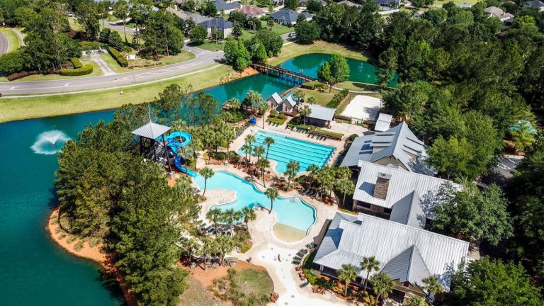 Aerial view of a residential community clubhouse and pool