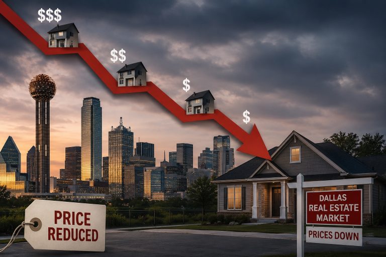 El horizonte de Dallas con una flecha de precio a la baja y un letrero de Precio Reducido